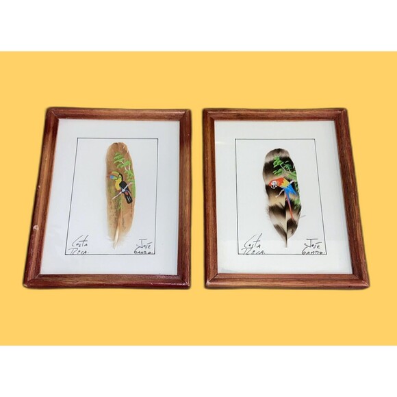 Vintage 2 Painting Parrot on a Feather Costa Rica Jose Garro Framed Art Signed